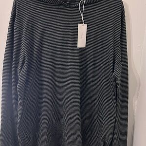 VINCE, men’s, XL, Striped Black and Gray Long sleeve, hooded, 100% cotton tee.